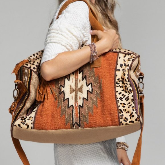 Boho Exotic Leopard Pattern Weekender Duffel Bag - Picture 3 of 15